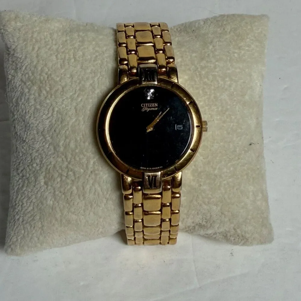 Citizen Elegance Women's Gold Tone Quartz Watch Black Dial Date Japan AS IS